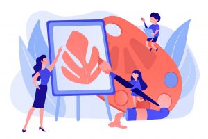 Female artist at easel teaching children painting with palette and brushes, tiny people. Art studio, open art classes, modern arts gallery concept. Pinkish coral bluevector isolated illustration